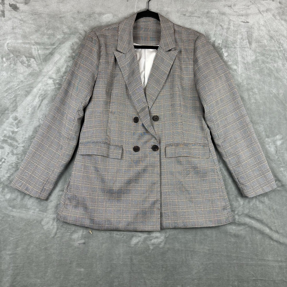 Mint Limit Blazer Women's L Gray Yellow Plaid Oversized Pockets